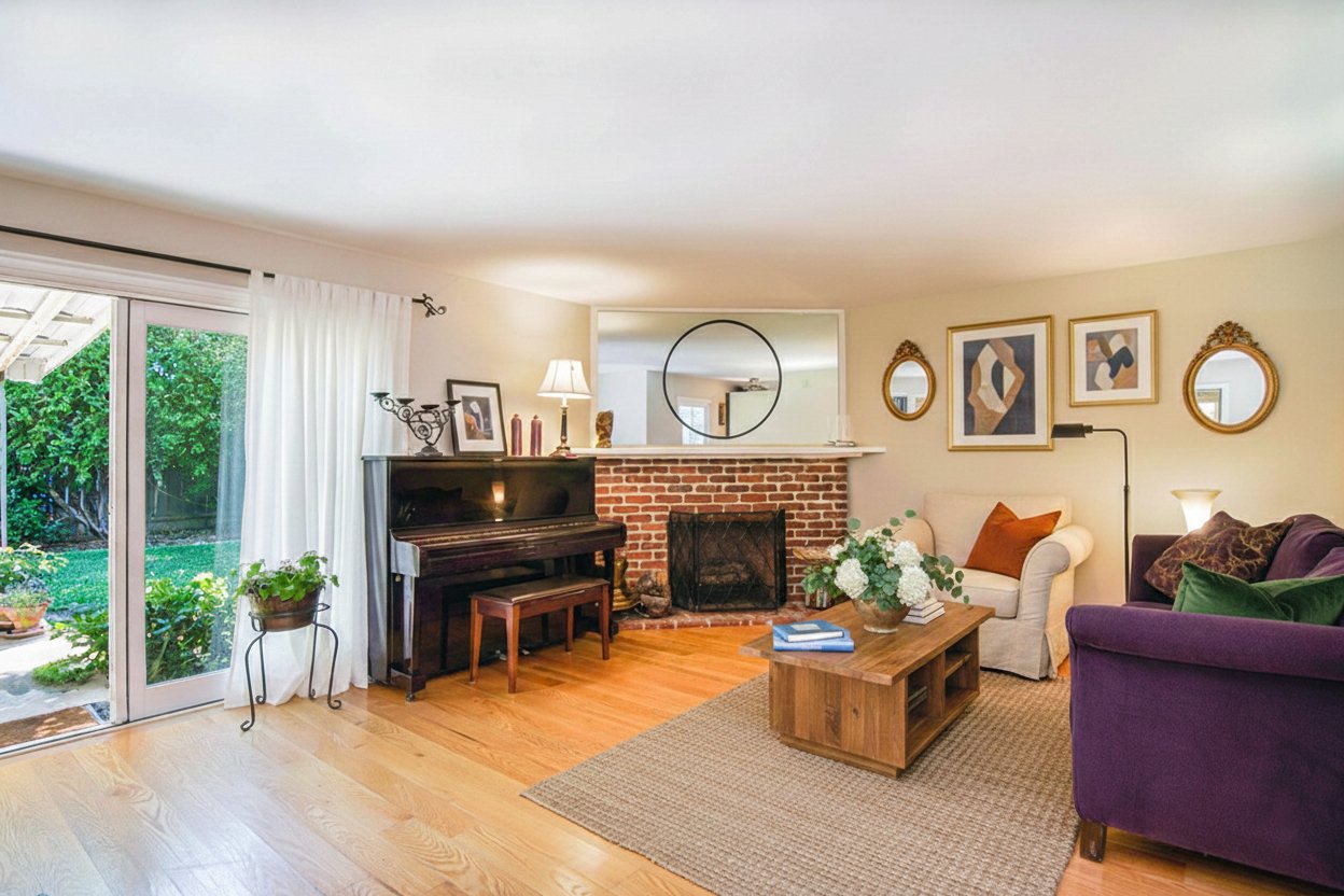 Living Room Piano and Fireplace